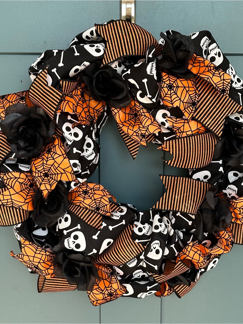Halloween Kids Costume Accessory - Black & Orange Skull Ribbon Wreath